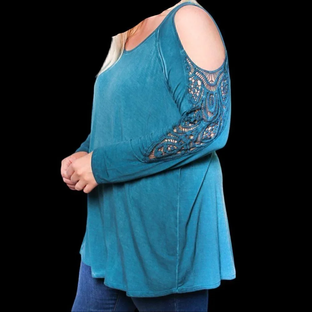 NWT - Plus Long Sleeve Teal Cold Shoulder Crochet Round Neck Solid Top - Size 1X - Picture 4 of 5